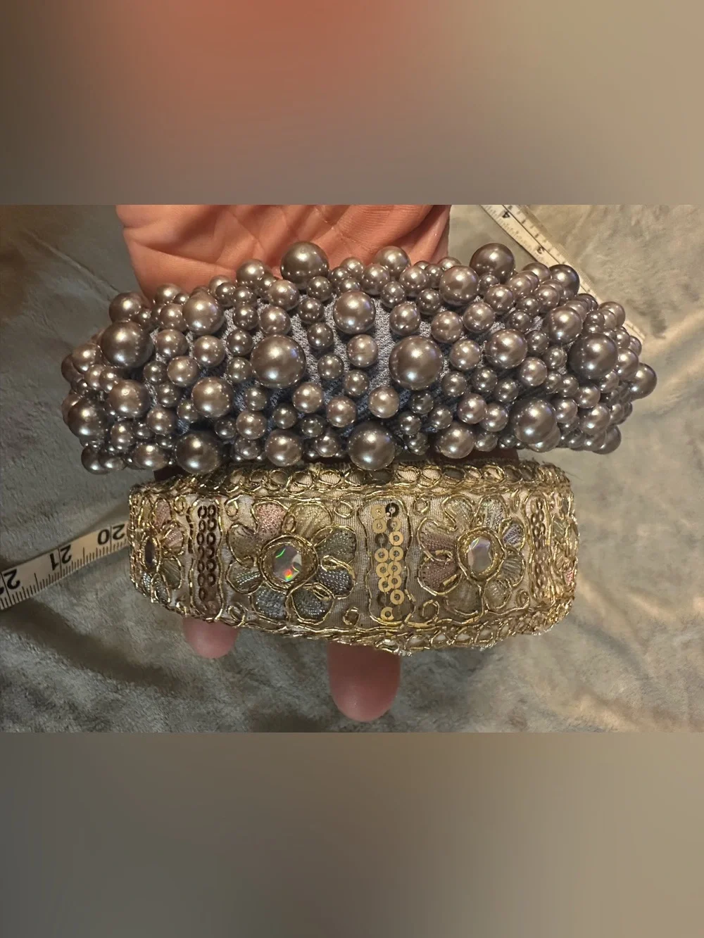 Statement Headband Bundle Grey Pearl Cluster + Gold Embroidered AB Boho Set Of 2